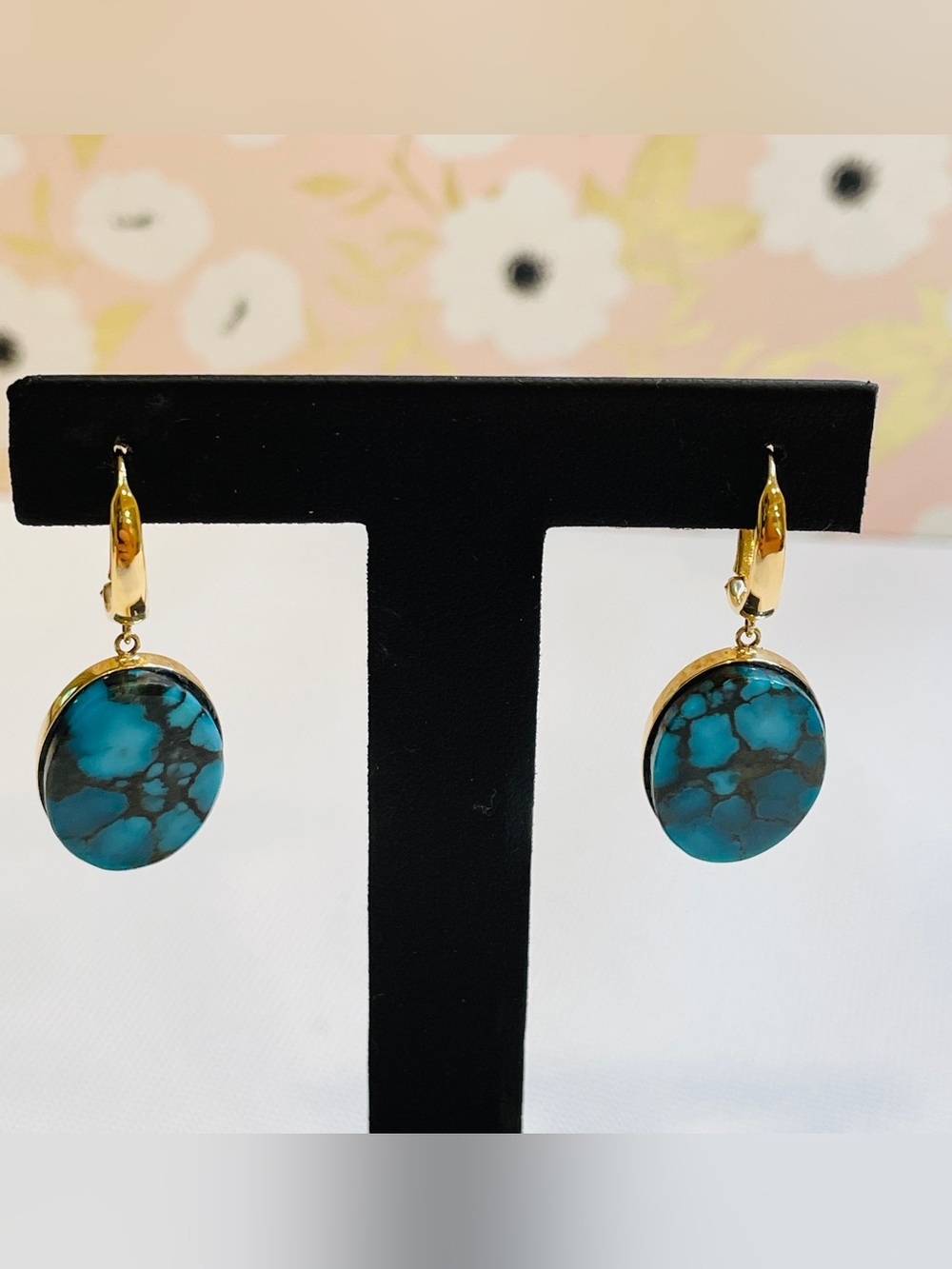 14K Yellow Gold Turquoise Dangle Leverback Earrings
